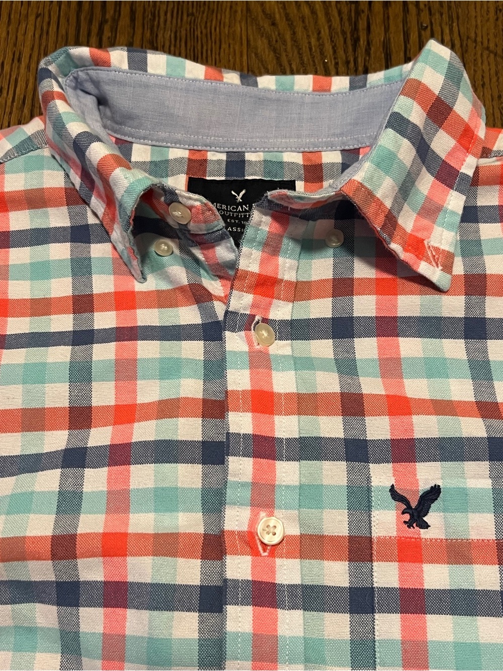 American Eagle Outfitters Men’s Coral, Blue & White Plaid Button-Down Shirt - Picture 2 of 4